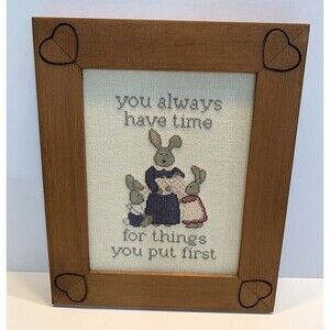 Cross Stitch Vintage Bunnies Framed "You Always Have Time" Finished 1980's